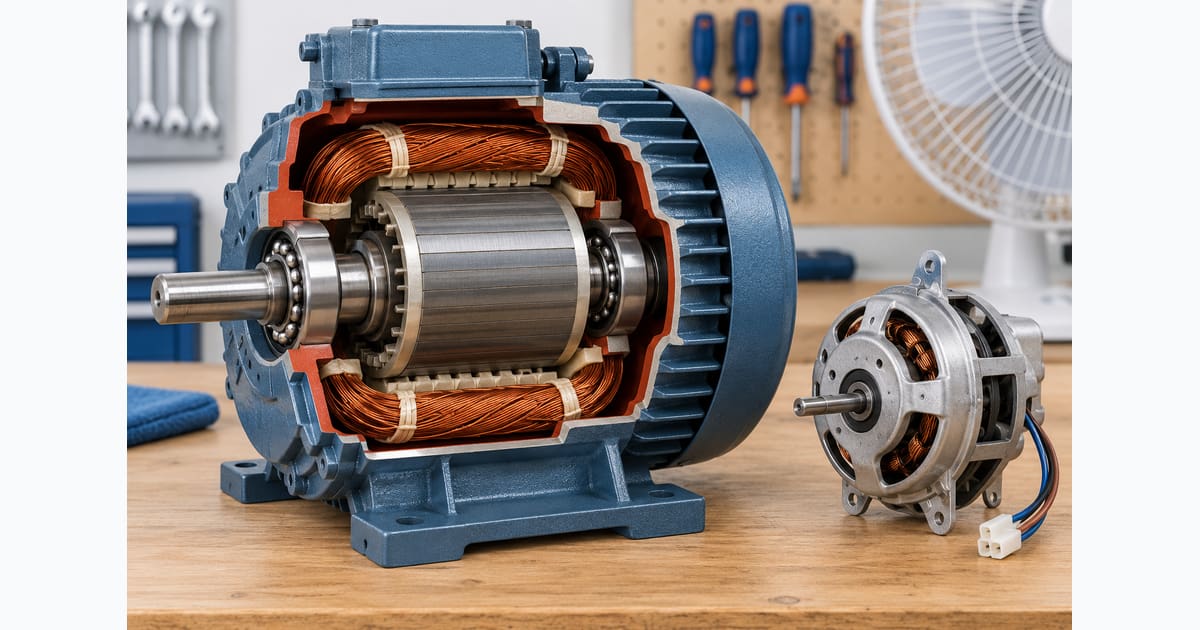 Motor em corte ilustrativo com estator, rotor, eixo e rolamentos.
