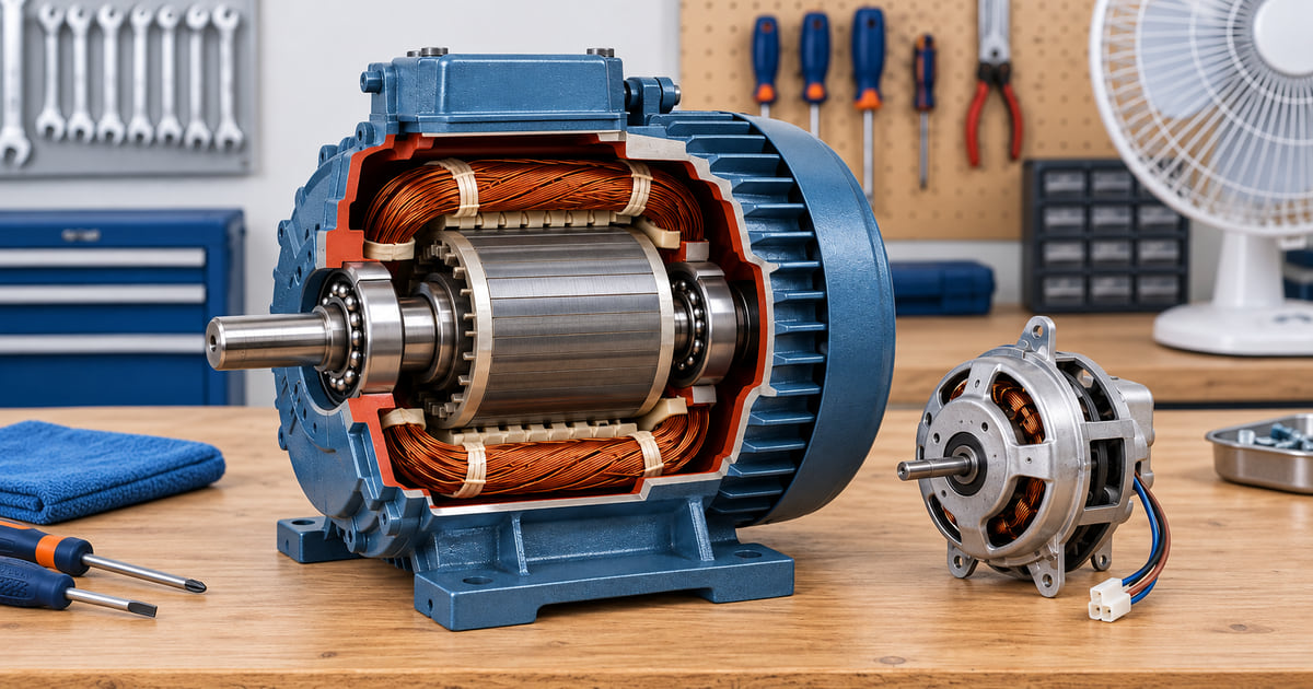 Motor em corte ilustrativo com estator, rotor, eixo e rolamentos.