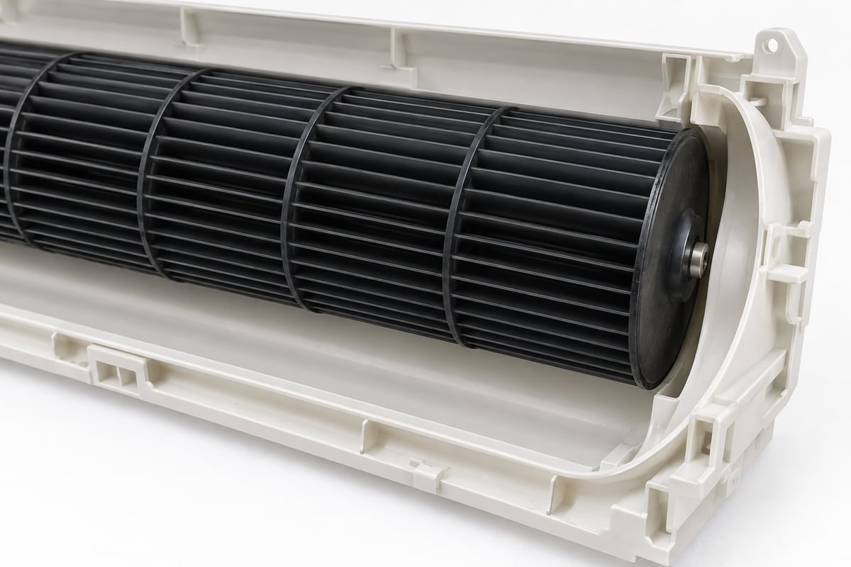 Rotor tangencial e carcaça de ventilação vistos em detalhe conceitual
