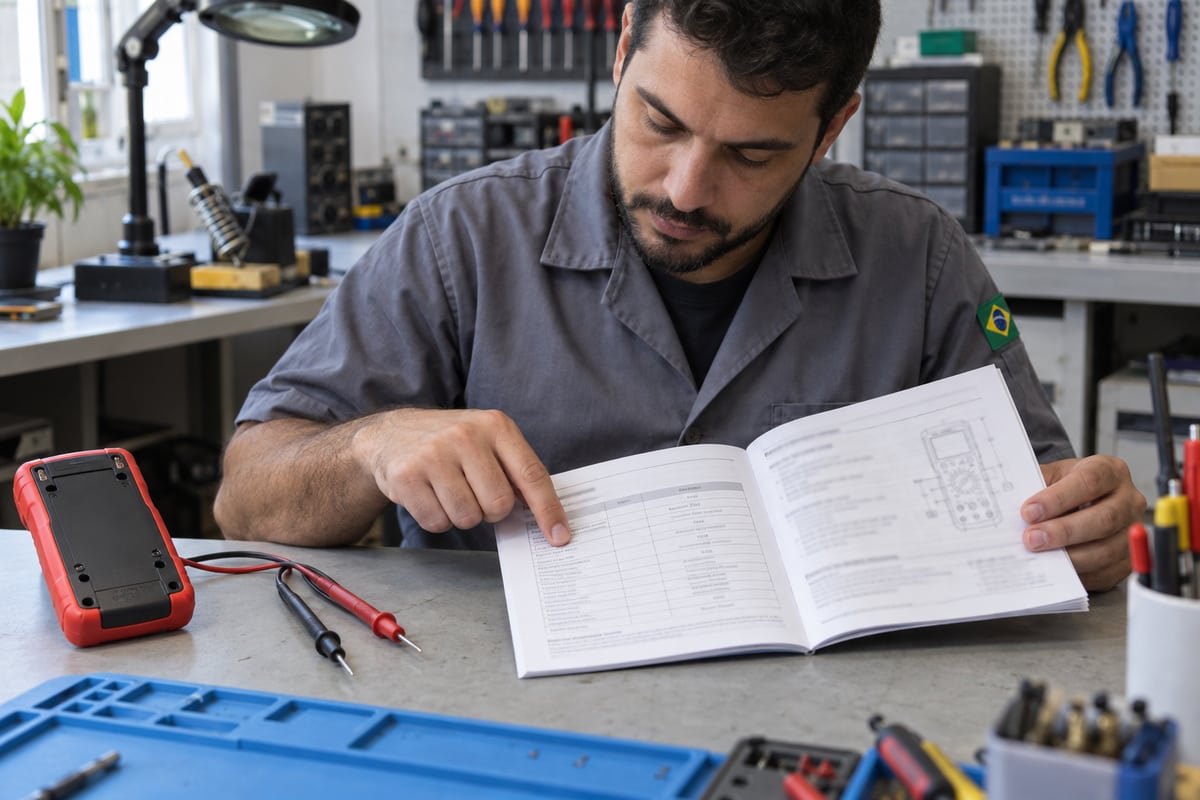 Técnico consultando tabela de especificações do instrumento em bancada