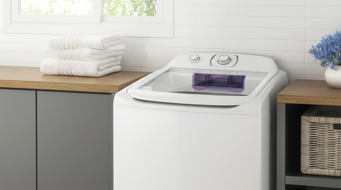 Lavadora Electrolux top-load branca de 13kg com tampa aberta em lavanderia doméstica clara