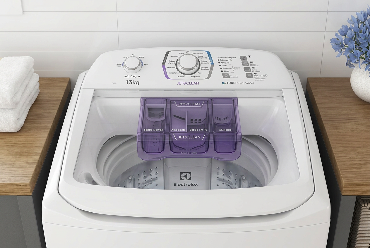Lavadora Electrolux LAC13 top-load com tampa aberta, cesto e dispenser Jet & Clean visíveis para inspeção