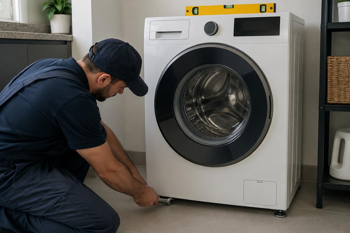Técnico ajustando os pés niveladores de uma lava e seca com nível de bolha sobre o aparelho