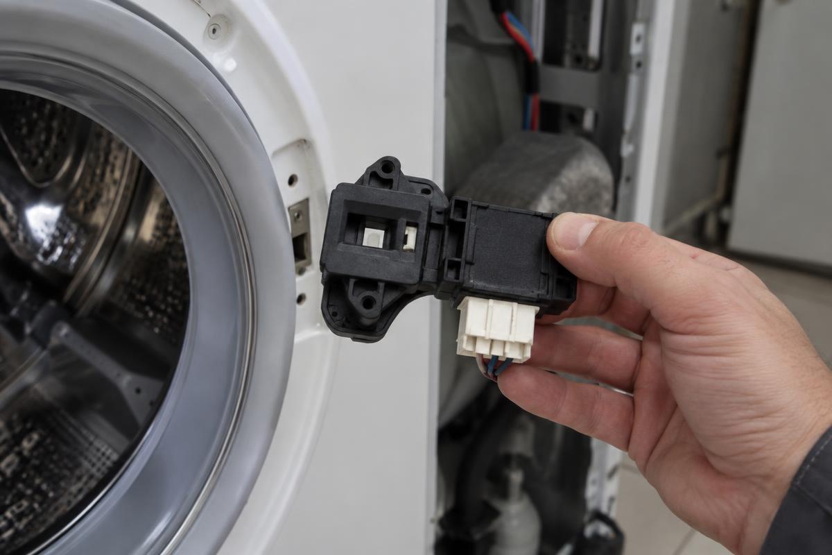 Trava eletromecânica de porta removida de uma lava e seca, mostrando o resistor PTC e o gancho plástico.