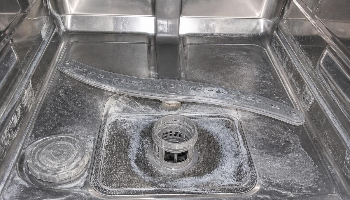 Painel interno de uma lava-louças com resíduo e calcário visível antes da limpeza