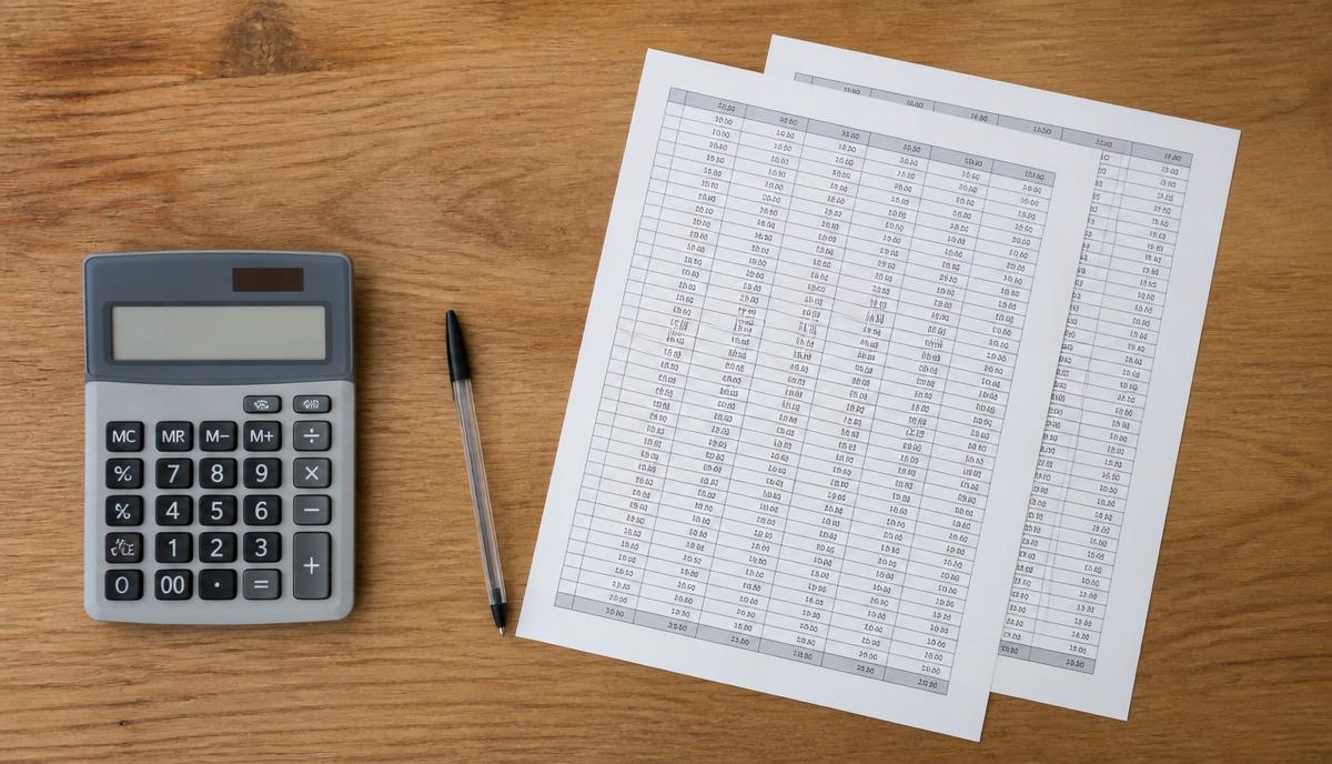 Calculadora, conta de luz e conta de água sobre a mesa representando o custo da máquina