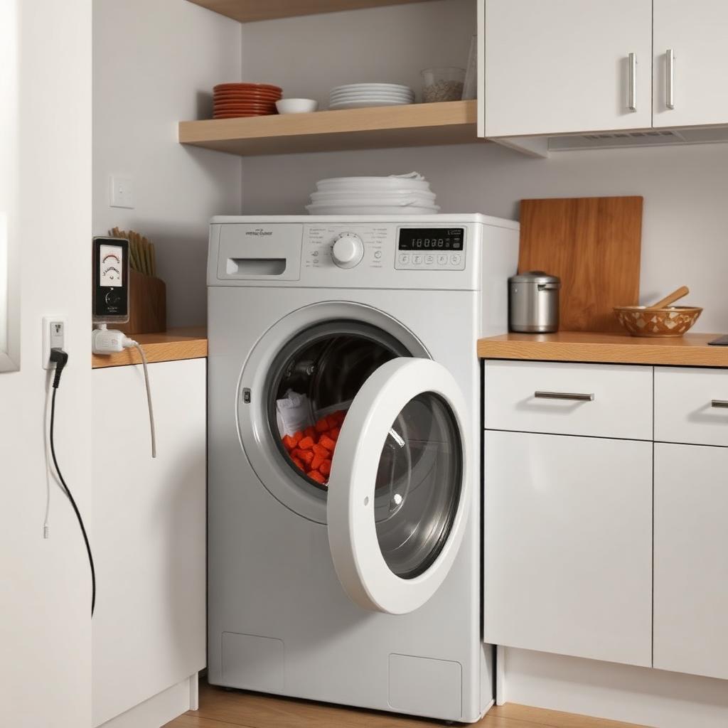Máquina de lavar louça em cozinha moderna com medidor de consumo elétrico plugado na tomada ao lado