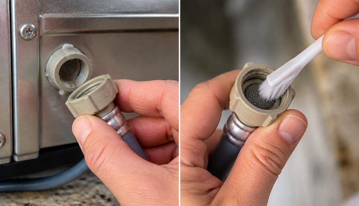 Filtro de entrada na conexao da mangueira de agua da lava-loucas sendo limpo