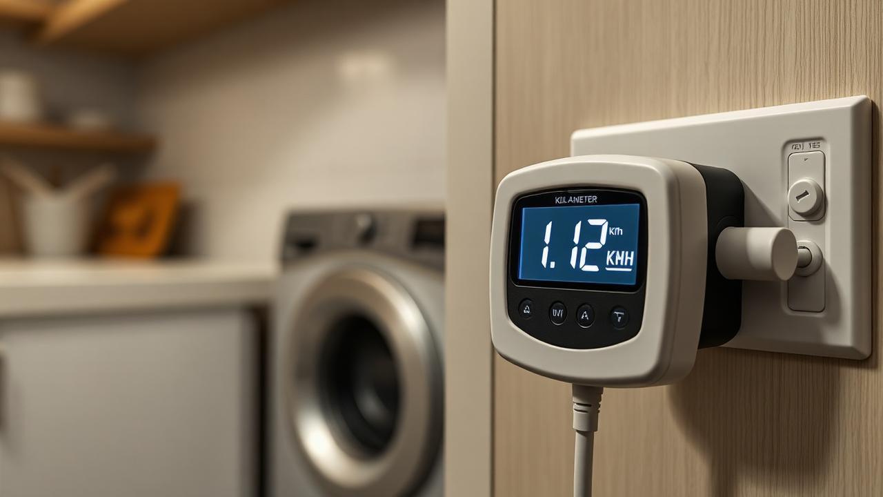 Wattímetro digital plugado na tomada exibindo o consumo em kWh de uma lava-louças em operação