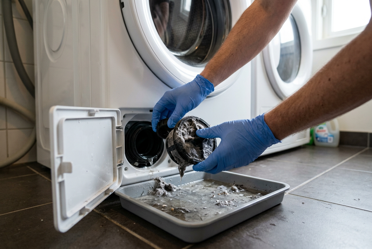 Filtro e região da bomba de lava e seca com acesso para limpeza e inspeção.