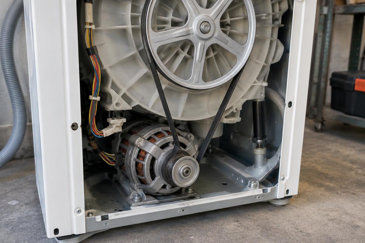 Motor e correia de uma máquina de lavar vistos durante diagnóstico da reversão