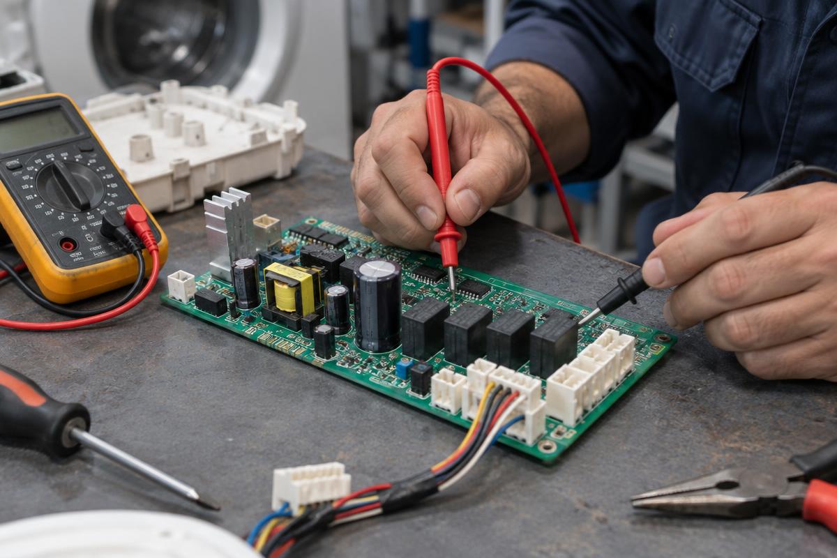 Técnico examinando relés da placa eletrônica de uma máquina de lavar