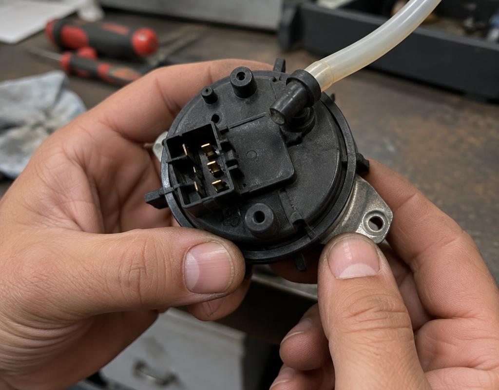 Pressostato de lavadora com mangueira de ar na mão de técnico