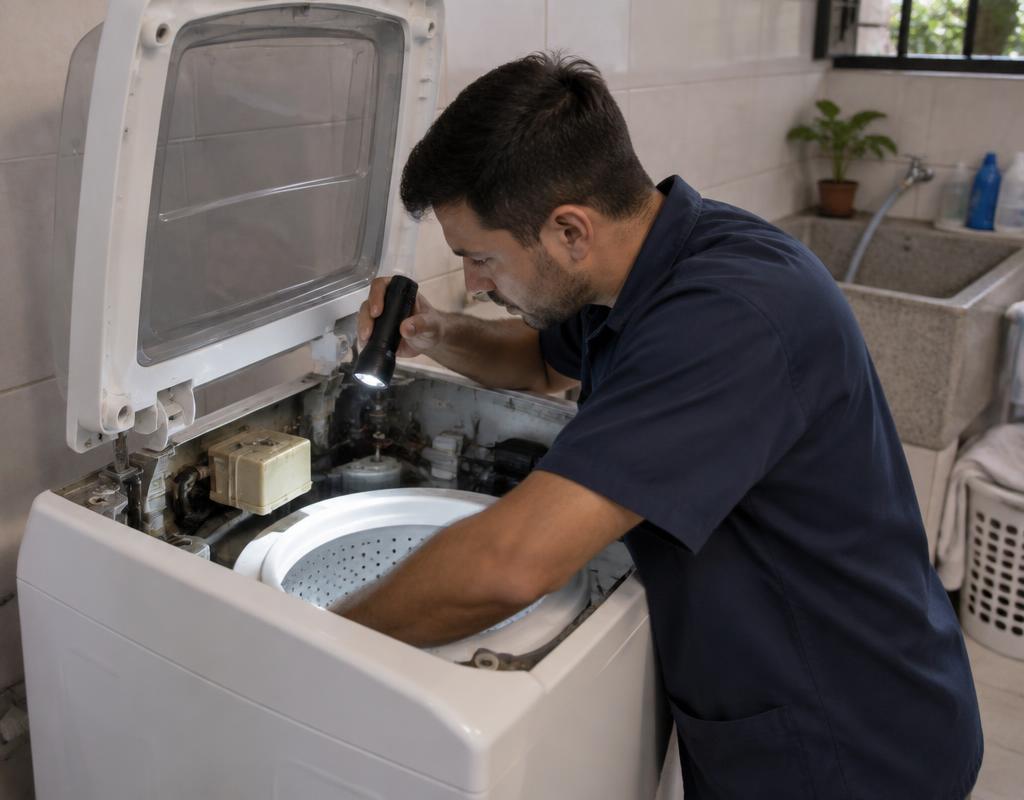Técnico inspecionando o interior do gabinete de lavadora com lanterna