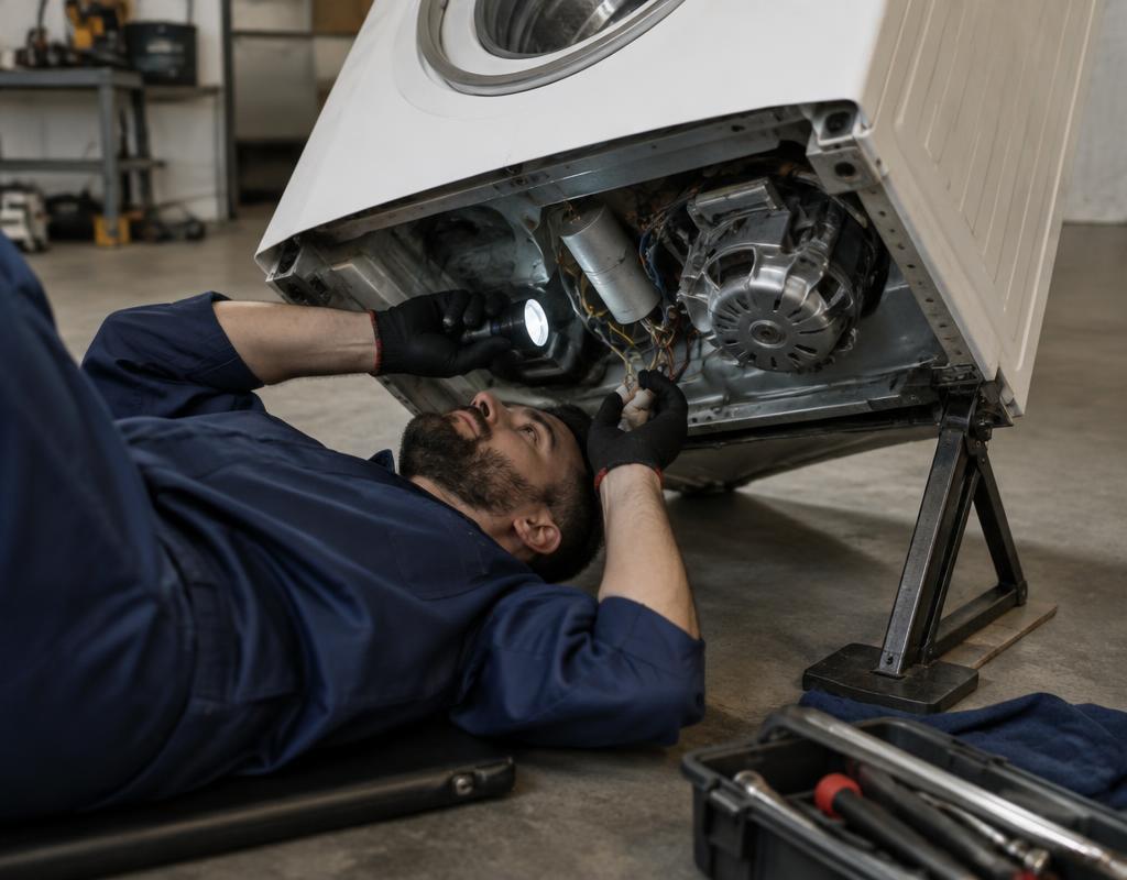 Técnico verificando capacitor e fiação do motor por baixo da lavadora