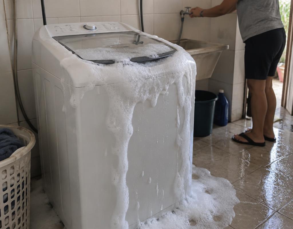 Lavadora transbordando água com espuma pela tampa em área de serviço