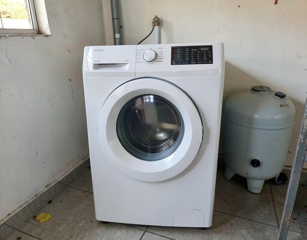Lavadora top-load instalada em área de serviço