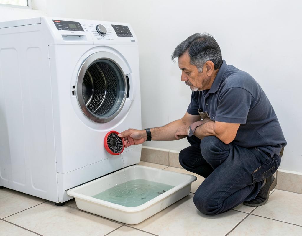 Limpeza do filtro de drenagem com bandeja coletando água