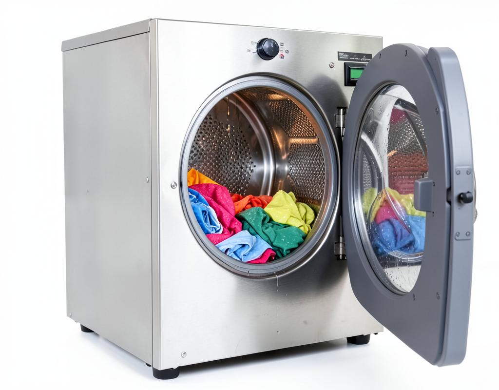 Tambor de inox da lava e seca com roupas no interior