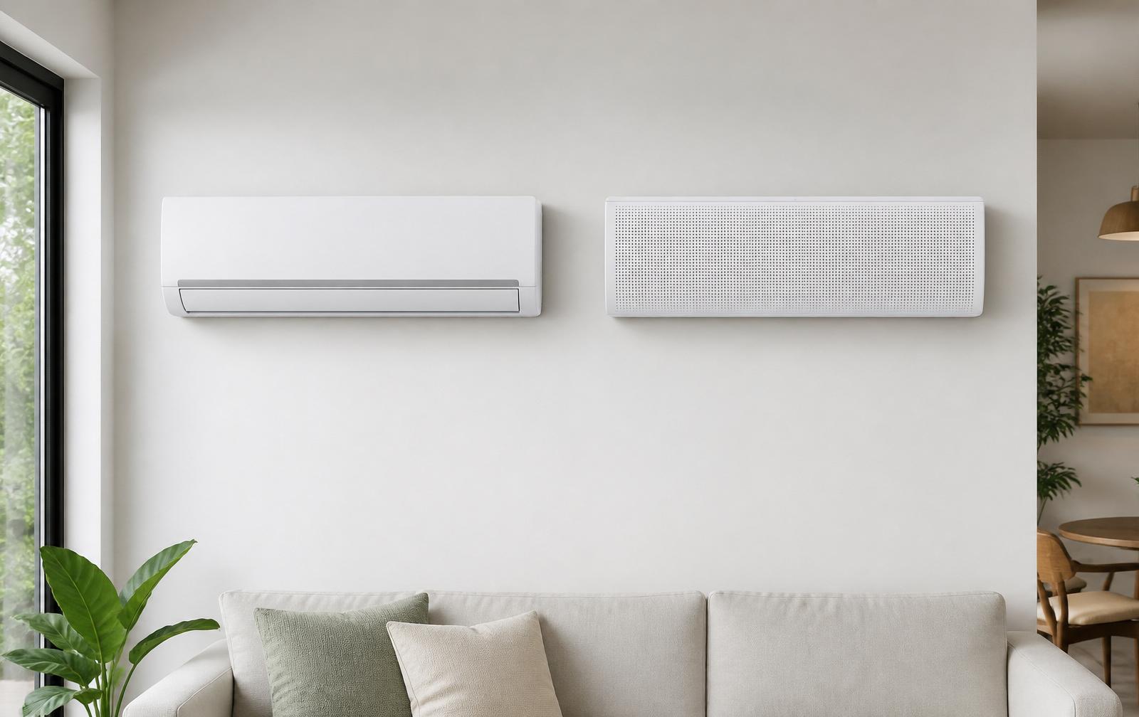 Dois splits brancos instalados lado a lado — LG DUAL Inverter à esquerda e Samsung WindFree com painel de micro-furos à direita