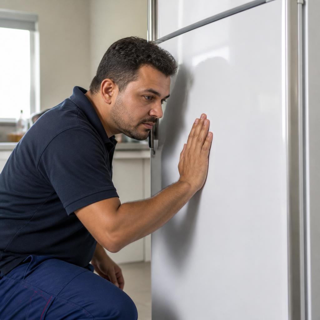 Técnico apoiando a palma na lateral da geladeira para sentir a vibração e localizar a origem do ruído