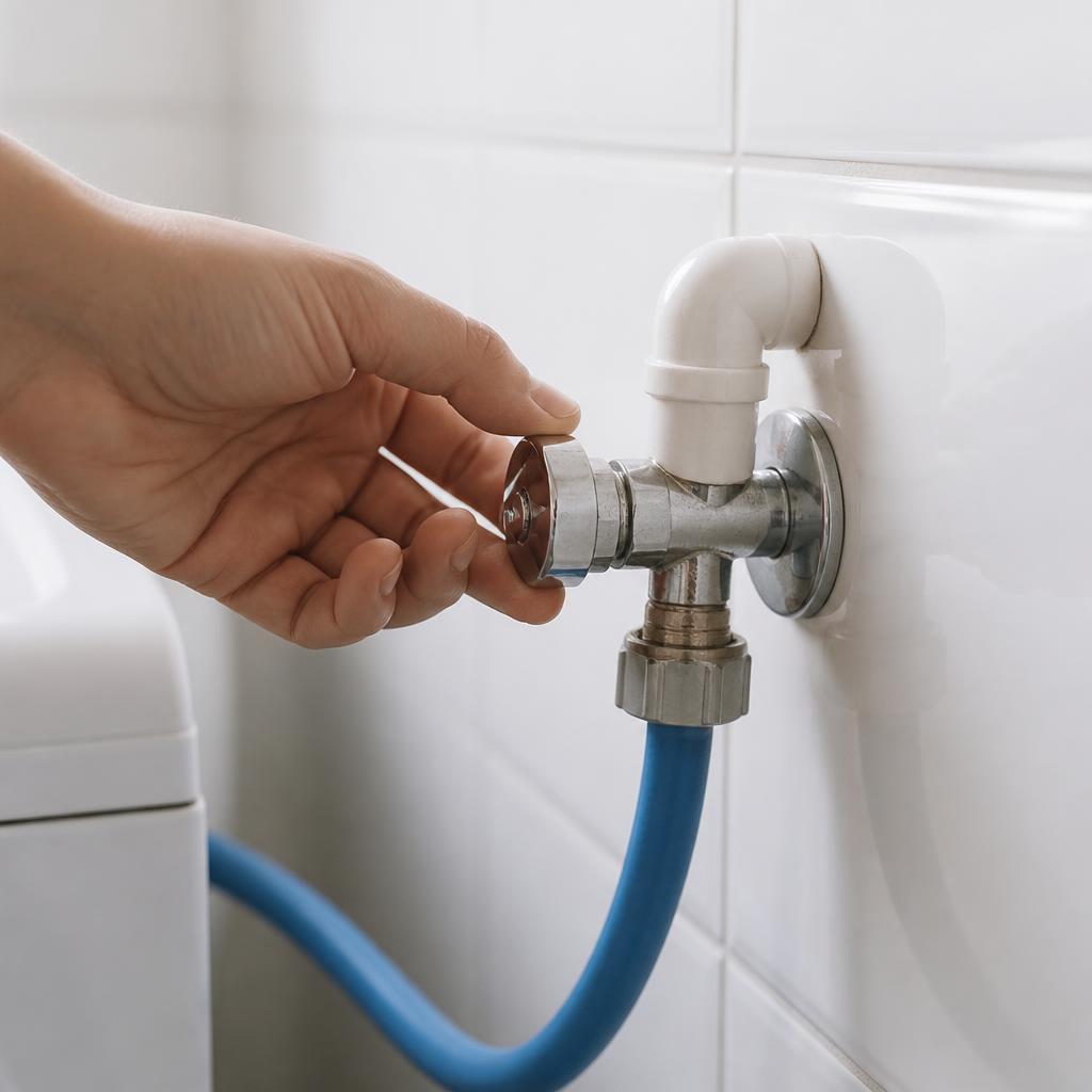 Mão fechando o registro de água antes de inspecionar a máquina de lavar