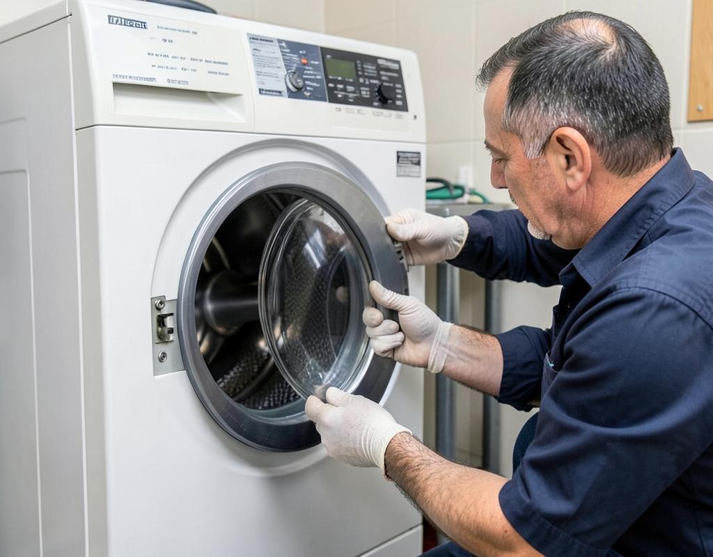 Técnico verificando a trava da porta de lava e seca