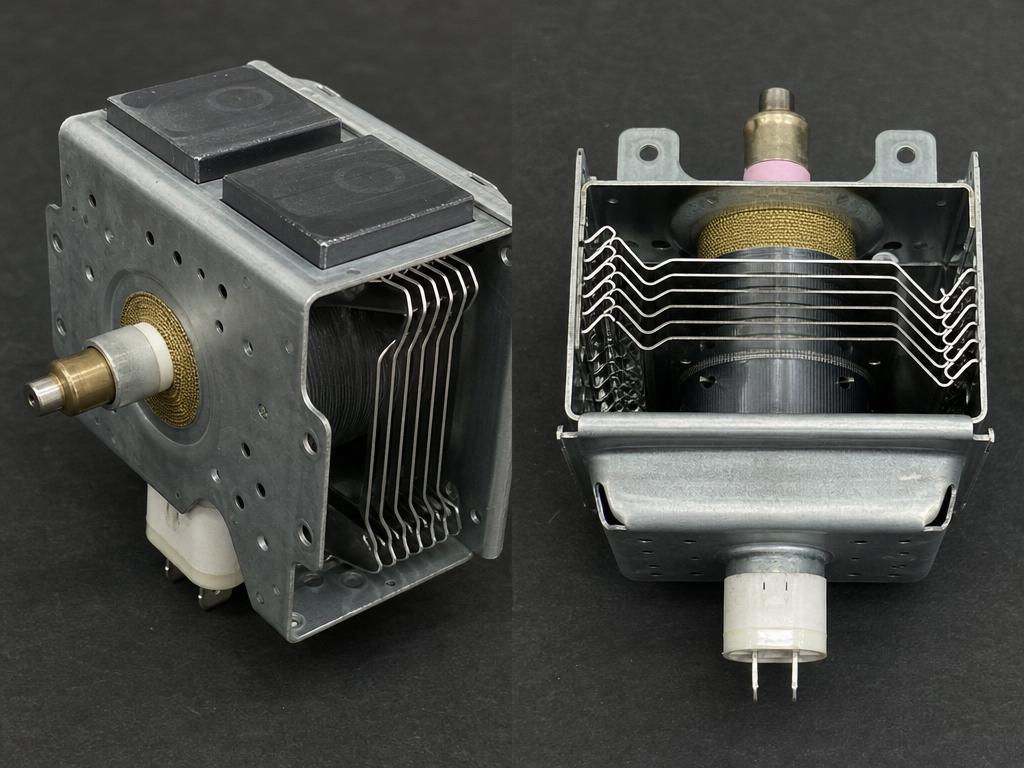 Magnetron de micro-ondas retirado do aparelho — peça responsável por gerar a micro-onda
