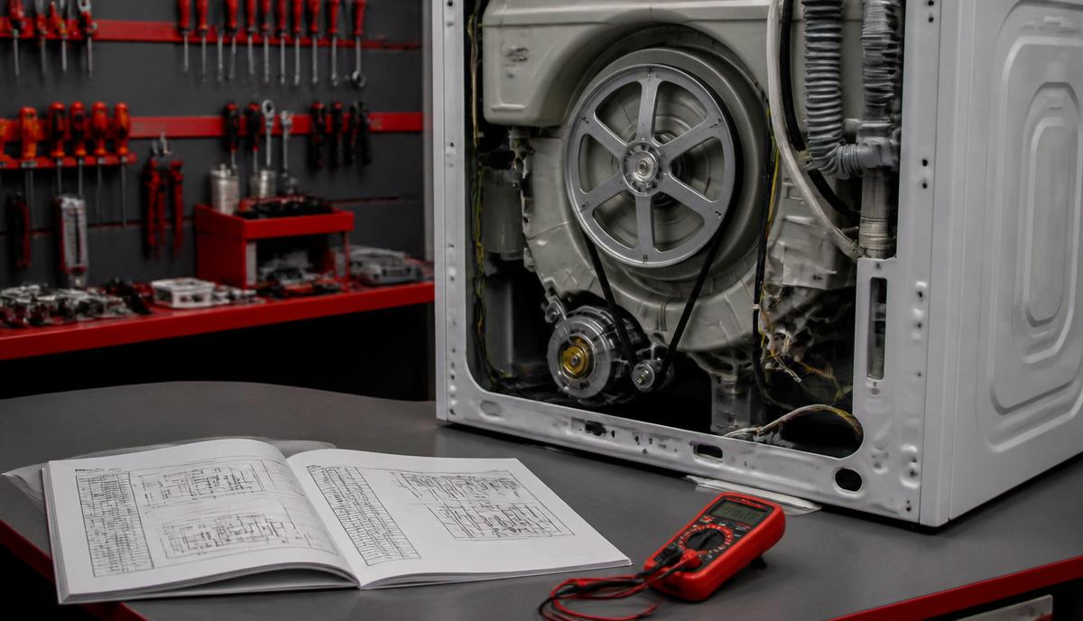Manual técnico de lavadora aberto no diagrama elétrico sobre a máquina