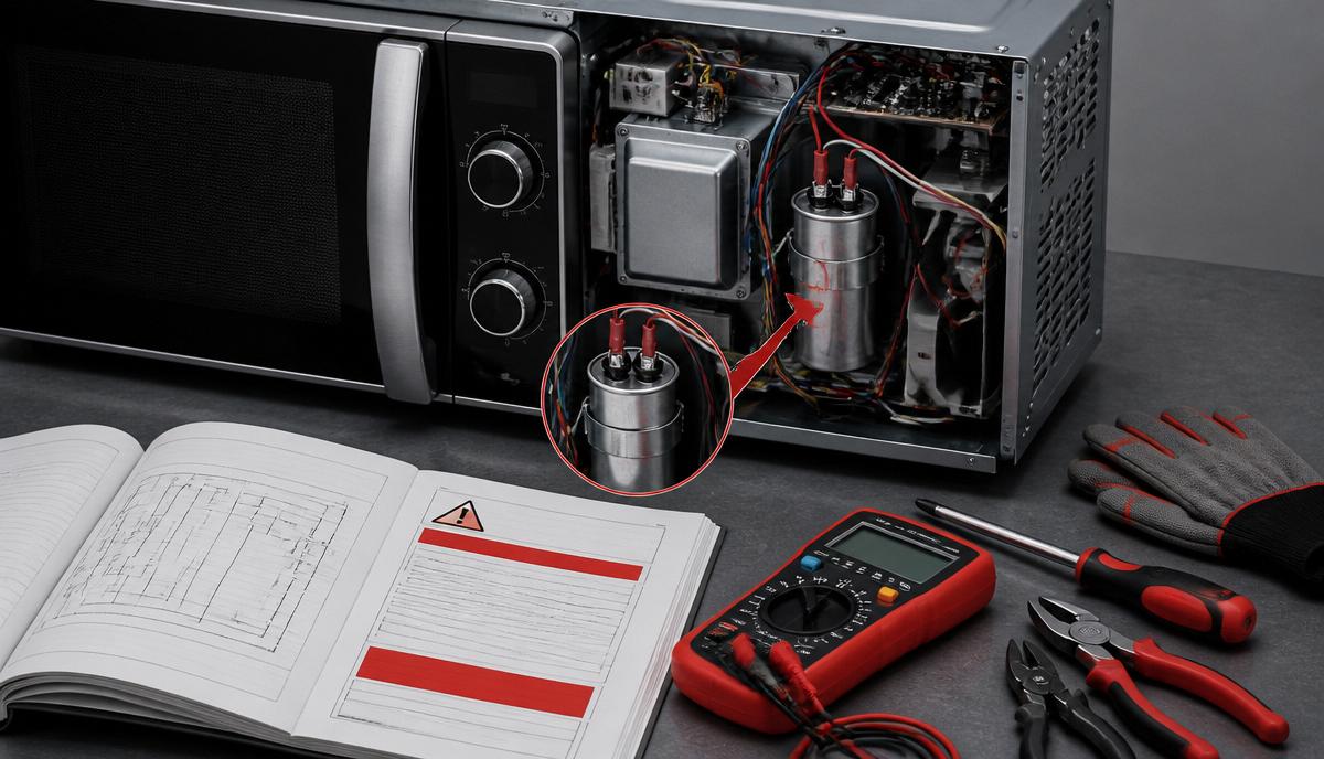 Manual técnico de micro-ondas aberto ao lado do aparelho fechado sobre a bancada