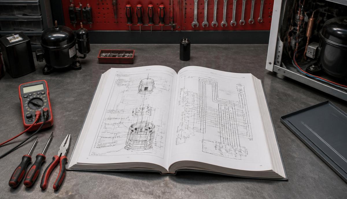 Manual técnico de serviços impresso aberto sobre bancada de assistência técnica