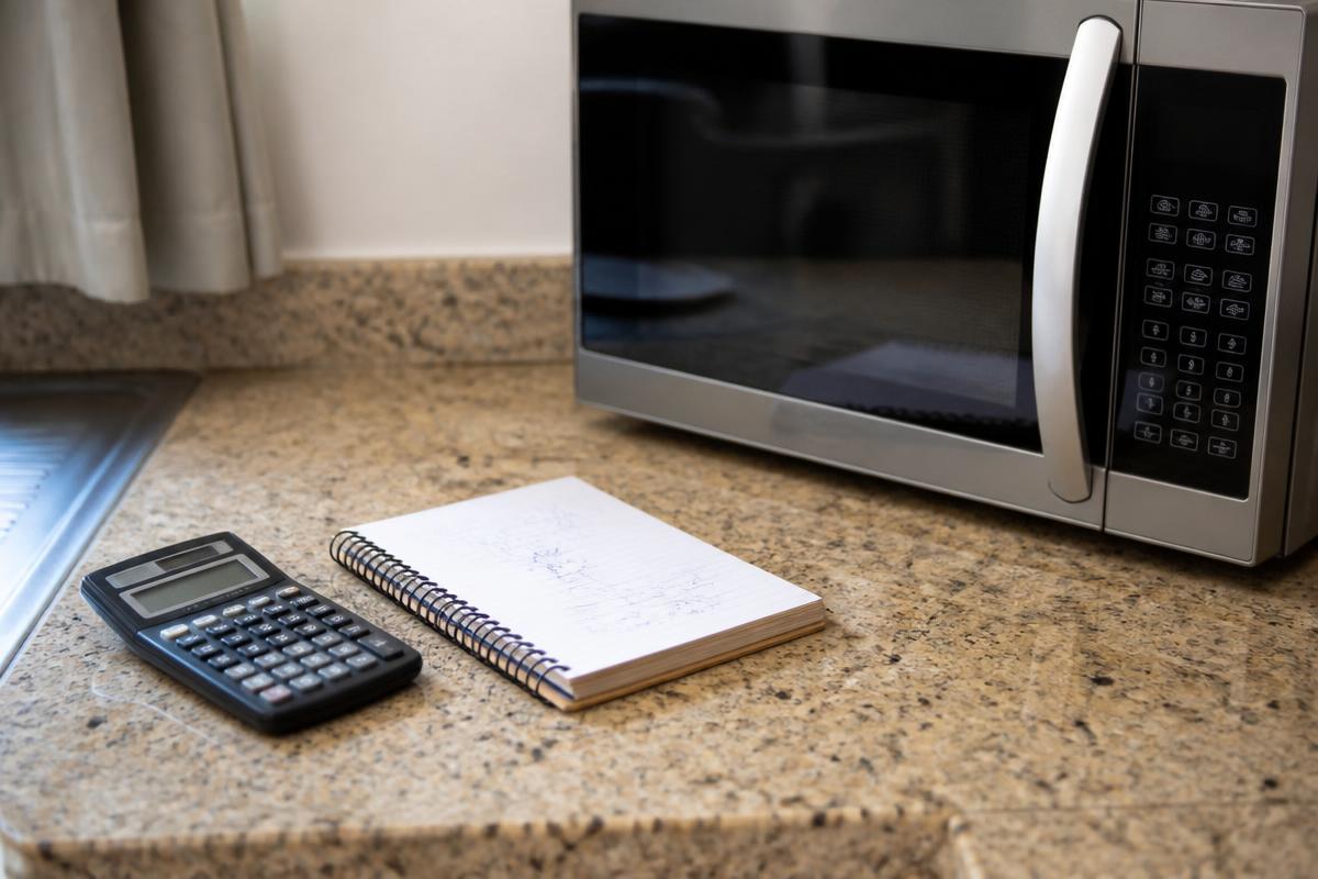 Cálculo de consumo do micro-ondas em kWh anotado ao lado do aparelho