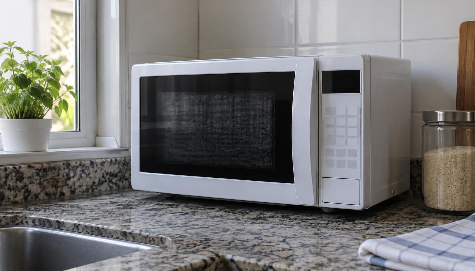 Micro-ondas de bancada em uso na cozinha com prato girando