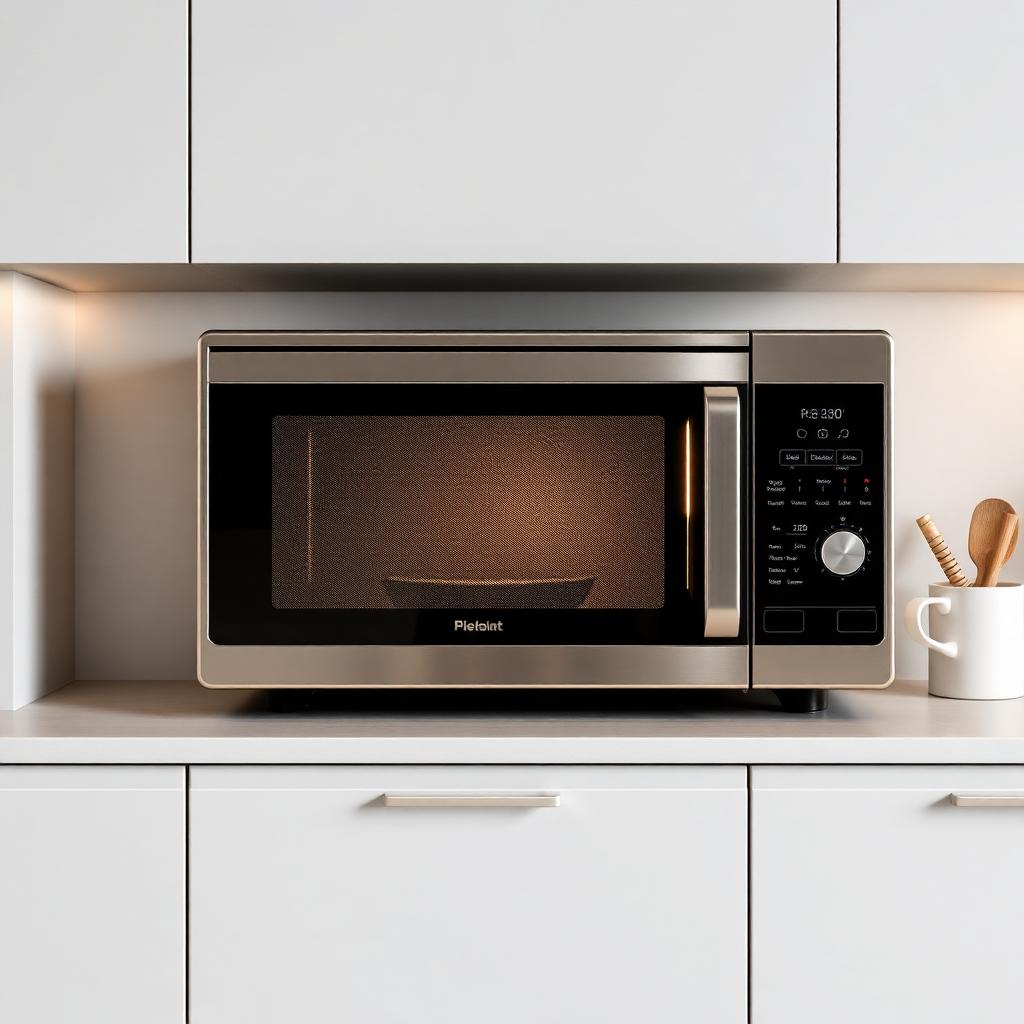 Micro-ondas de bancada em uso na cozinha com prato girando