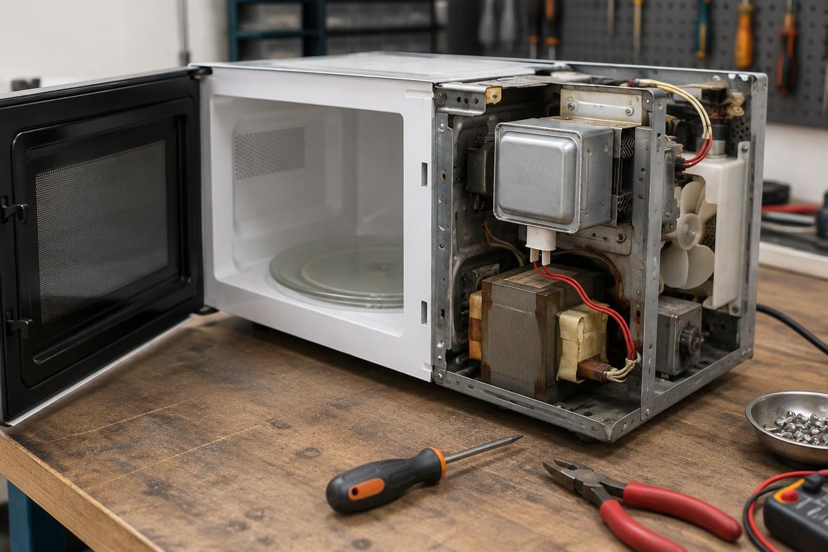 Micro-ondas aberto na bancada da oficina mostrando o magnetron e o transformador