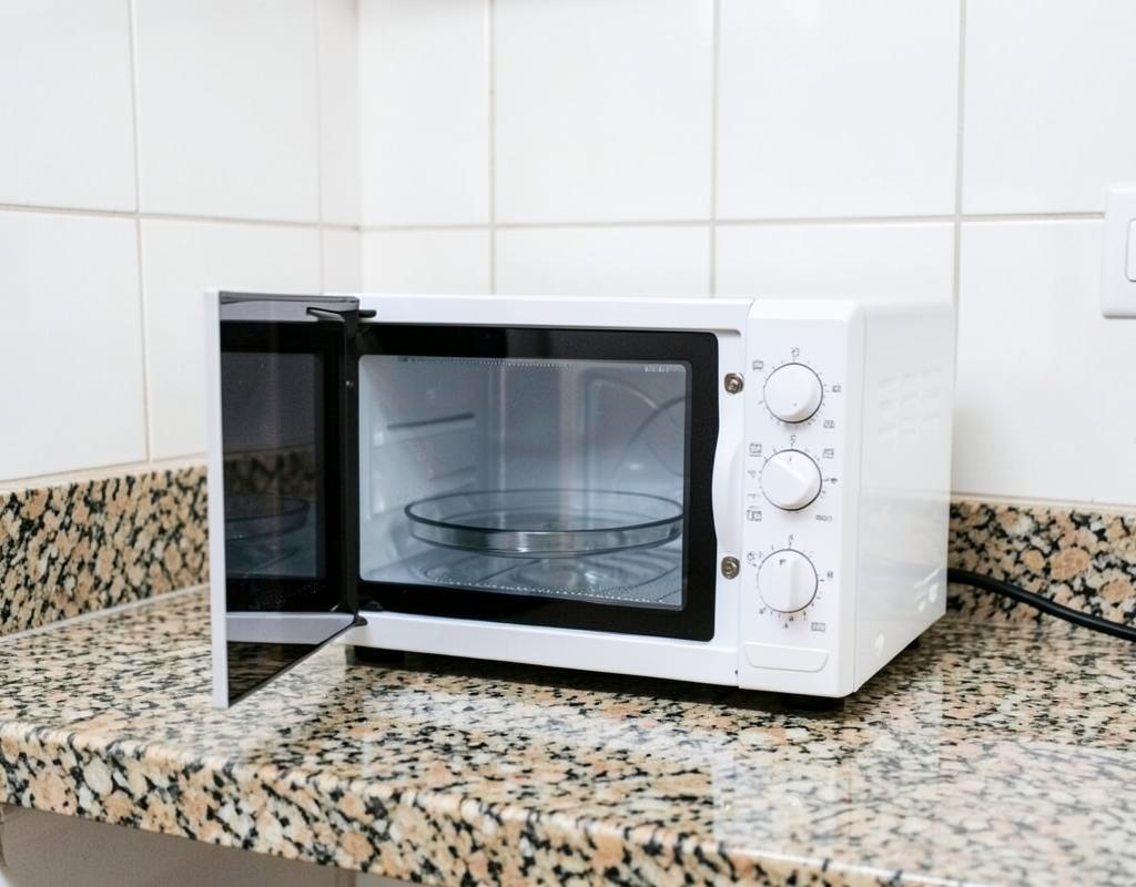 Micro-ondas com porta aberta mostrando prato giratório e cavidade