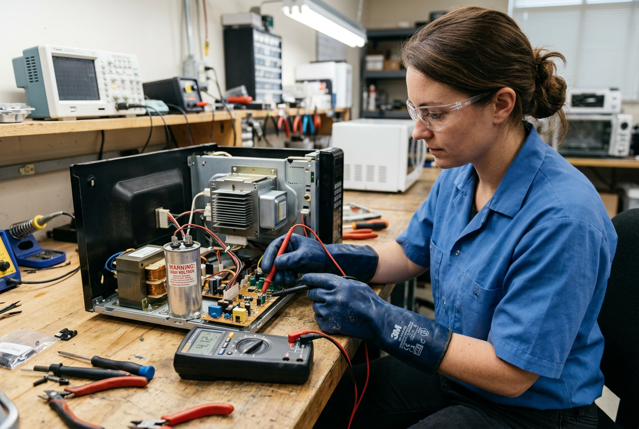 Técnico avaliando micro-ondas aberto em bancada com instrumentos adequados.