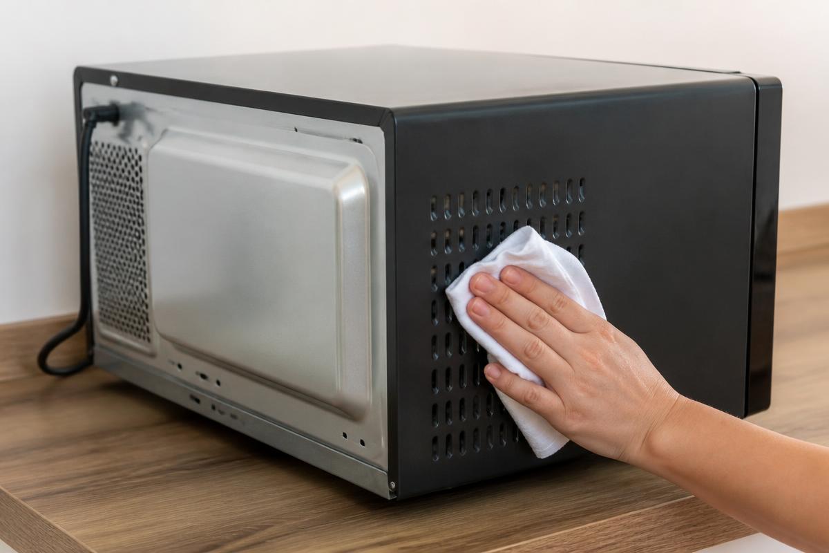 Micro-ondas afastado da parede, com as grades de ventilação livres e limpas