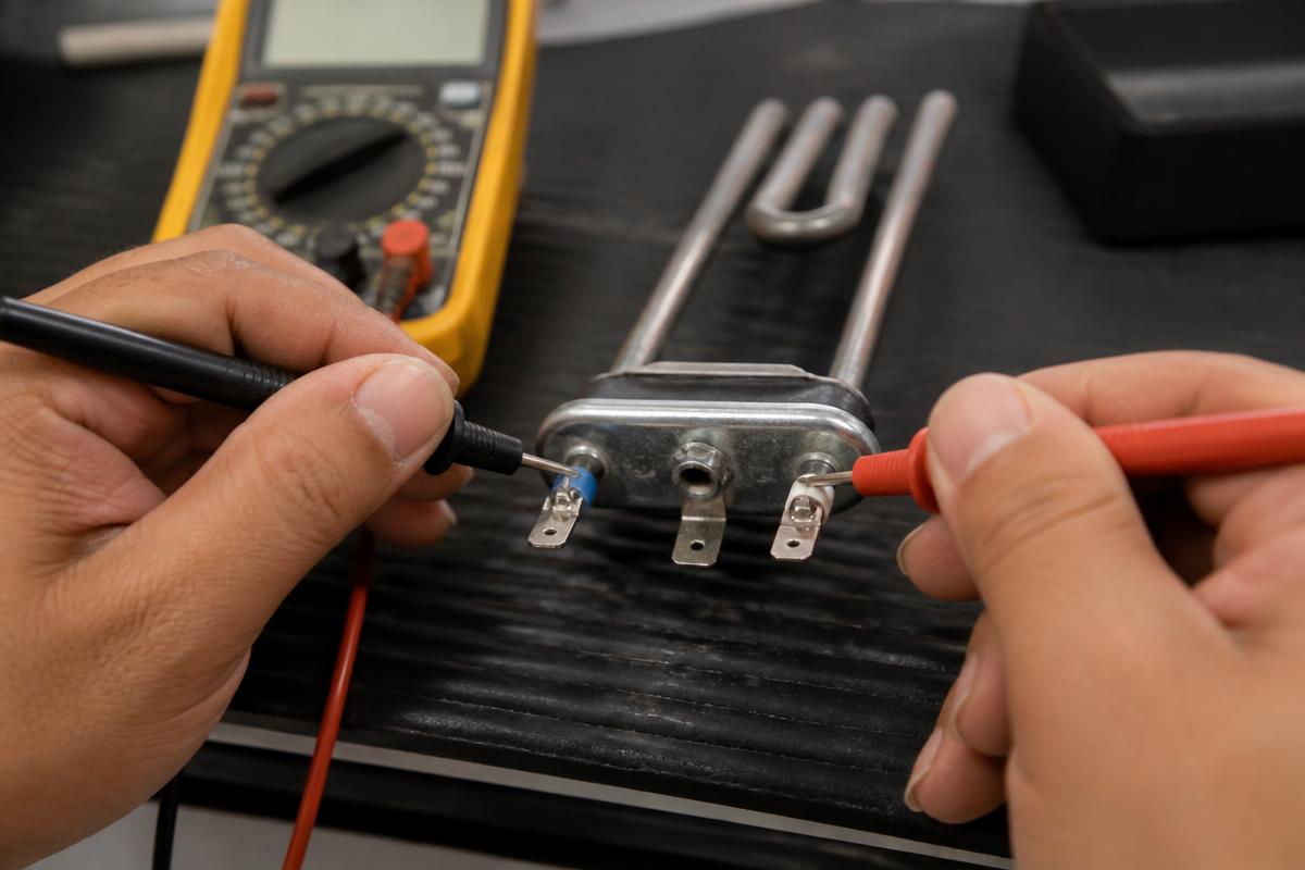 Técnico testando continuidade nos terminais de uma resistência com pontas de prova
