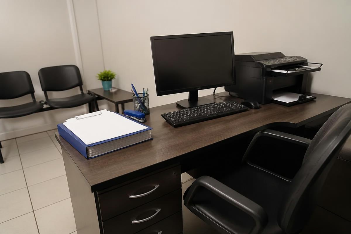 Pequeno escritório de assistência técnica com computador, impressora e pasta de documentos