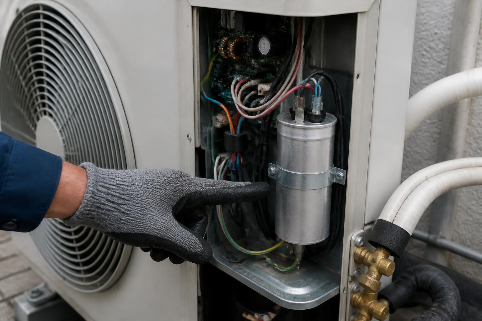 Compartimento elétrico aberto de condensadora de ar-condicionado com capacitor cilíndrico em destaque