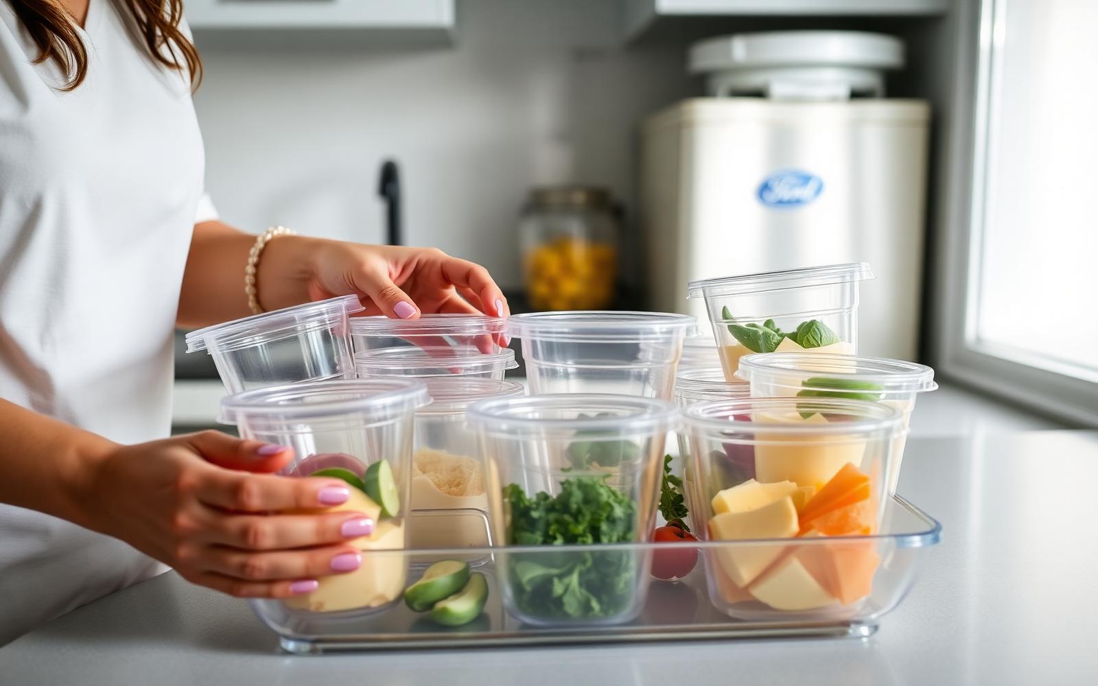 Interior de geladeira bem organizada, com espaço entre os alimentos para o ar circular