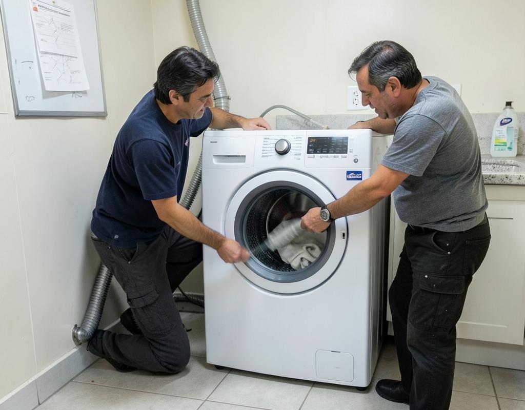 Técnico verificando mangueira de drenagem atrás da lavadora