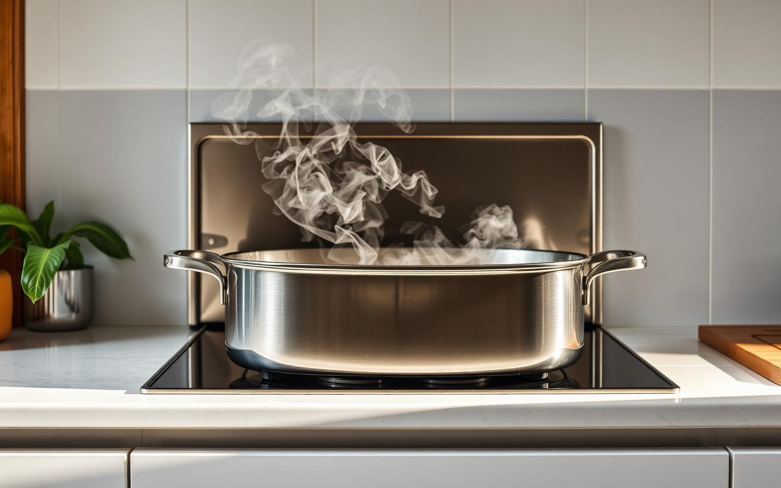 Panela quente com vapor sendo resfriada em banho de água fria com gelo dentro de uma bacia