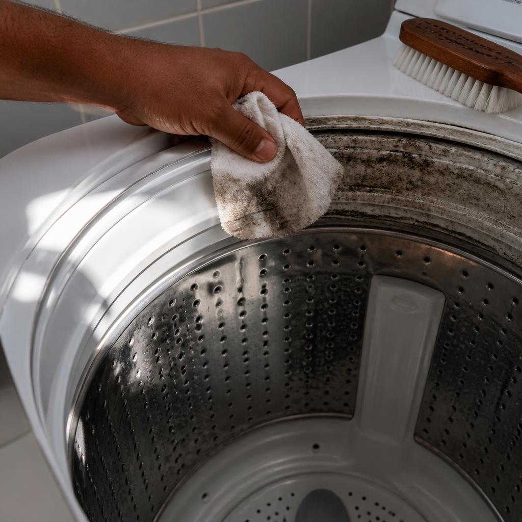 Mão com pano úmido esfregando a borda superior do cesto de máquina de lavar, com metade da área já limpa e a outra metade ainda encardida