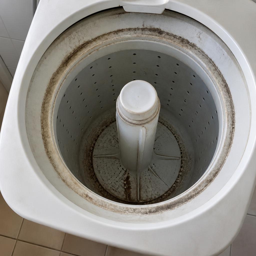 Interior do cesto de máquina de lavar de abertura superior com sujeira acumulada na borda e no agitador antes do teste