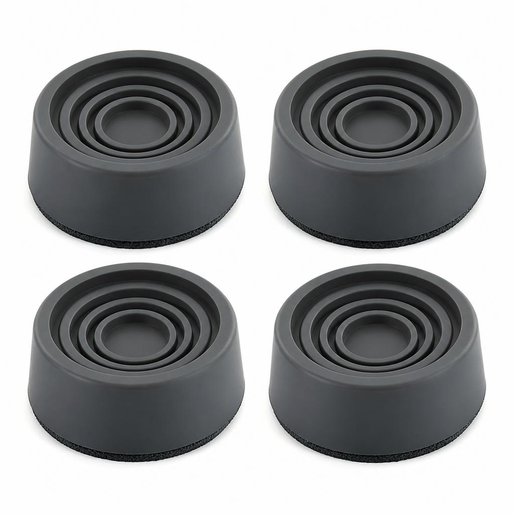 Jogo com quatro coxins antivibração de borracha para máquina de lavar, com ranhuras concêntricas no topo e base antiderrapante