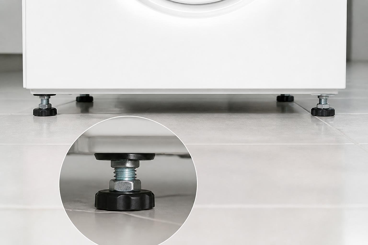 Close-up dos pés reguláveis de uma máquina de lavar branca apoiados em piso cerâmico claro