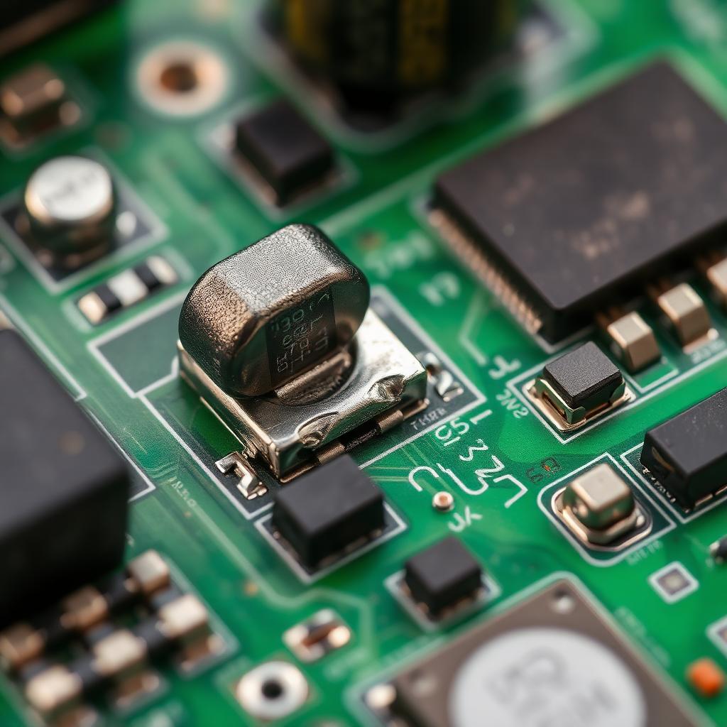 Detalhe de placa de geladeira com capacitor estufado e solda com aspecto de solda fria