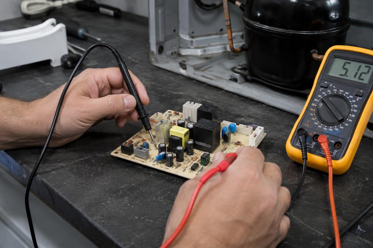 Técnico testando placa eletrônica de geladeira com multímetro sobre a bancada de trabalho.